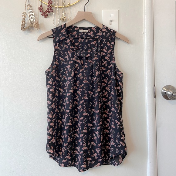 SOLD Feather Print Cut Out Tank Blouse - Picture 1 of 3